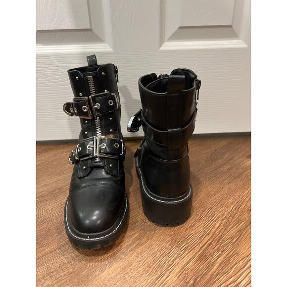 iver Island Black Buckle Biker Combat Boots Women's Size 7 - Picture 2 of 9